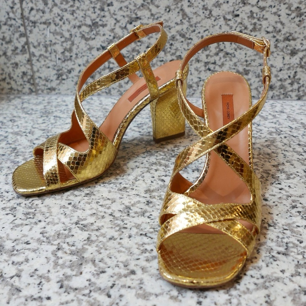Rachel Comey Shoes 37/7US Gold Deuce Snake Print Open Toe Cross Snakeskin Heels